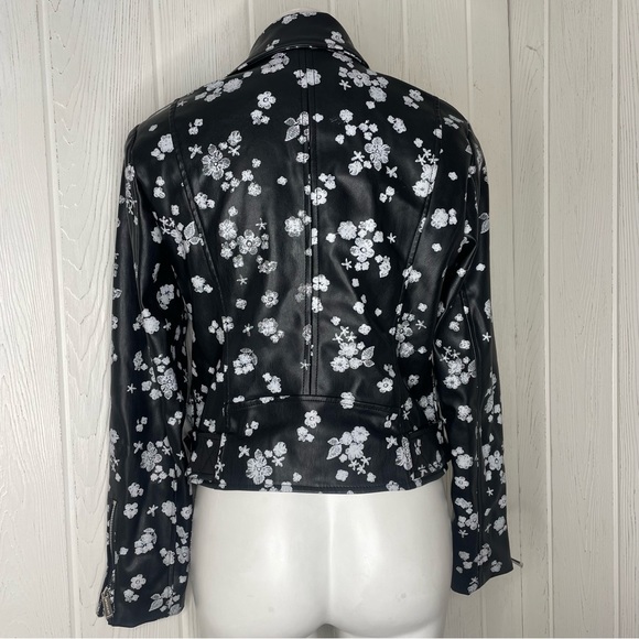Michael Michael Kors Moto Jacket M Black White Flowers Floral Faux Leather - Picture 3 of 10